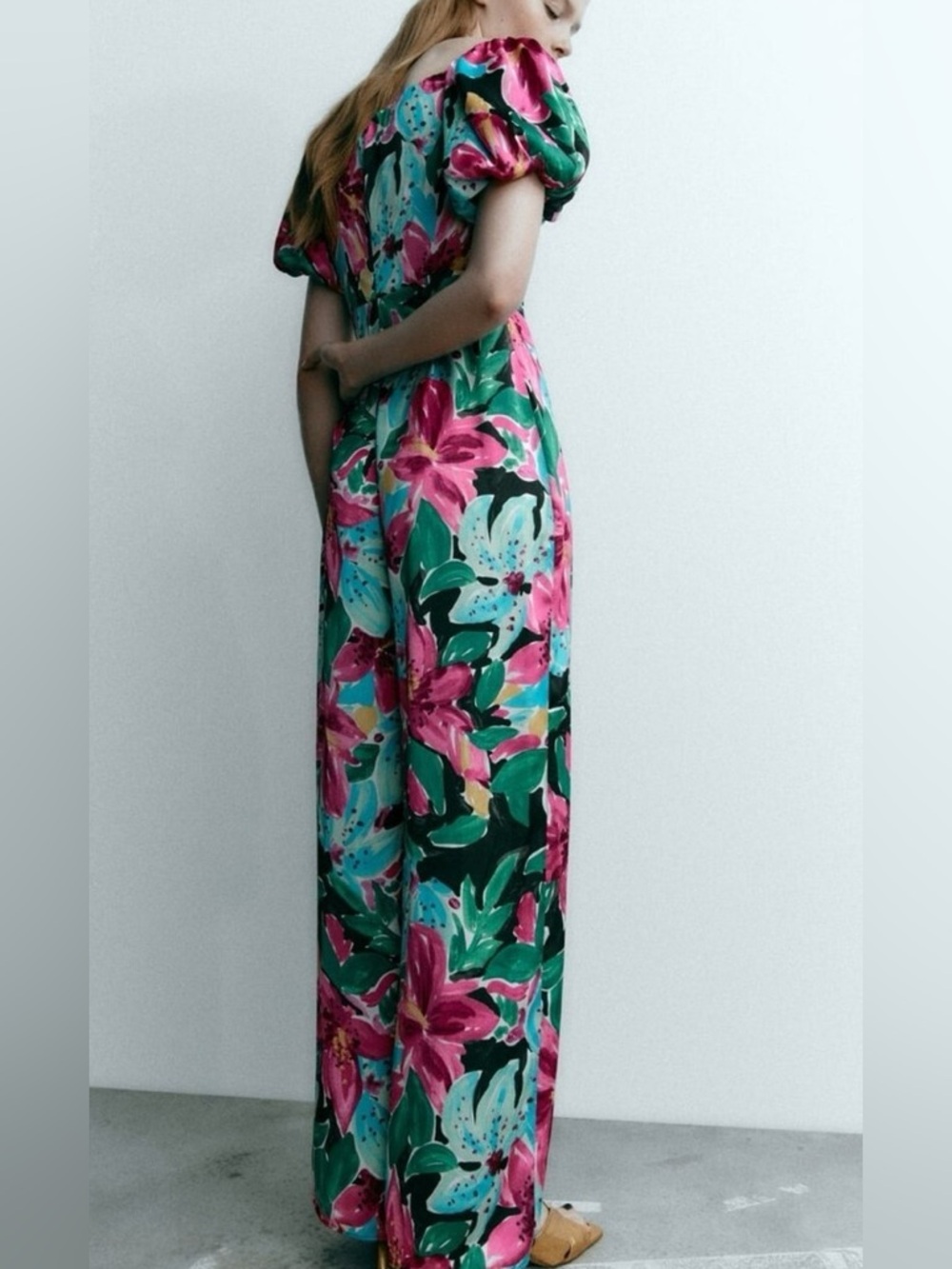 Zara Floral Puff-Sleeve Wide-Leg Jumpsuit in Pink & Teal - Picture 6 of 7